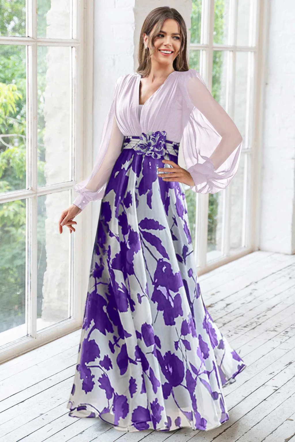 Charlotte | Women V Neck Balloon Sleeve Floral Print Maxi Wedding Guest Dress