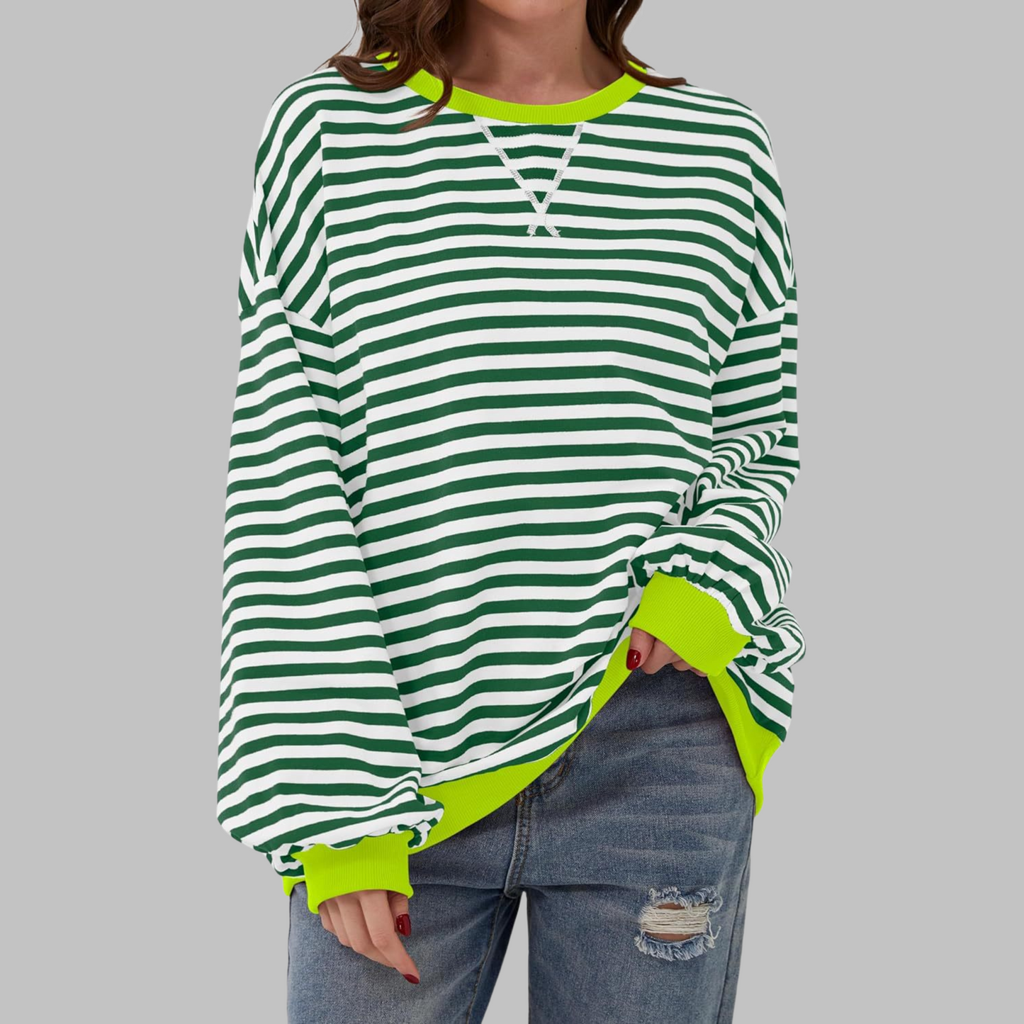 Olive | Women's Striped Crewneck Long Sleeve Oversized Sweatshirt