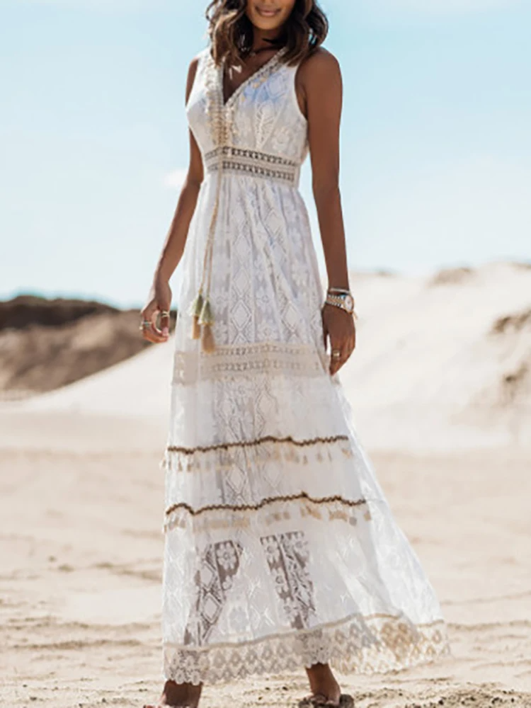 Cecelia | Floral White Sleeveless V Neck Split Maxi Dress