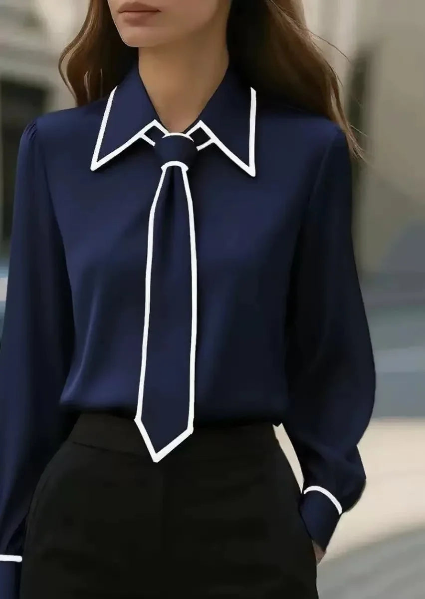 Caitlin | Women's Long Sleeve Tie Neck Blouse Contrast Collar