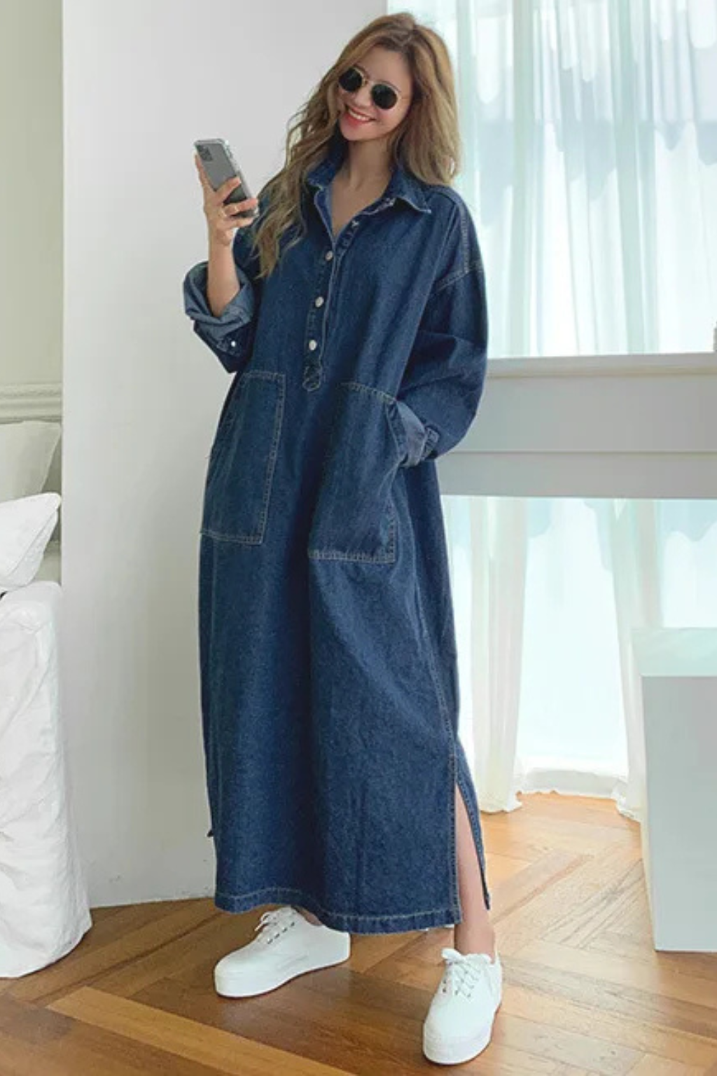 Ramona | Women Oversized Long Sleeve Collared Denim Maxi Dress with Pockets