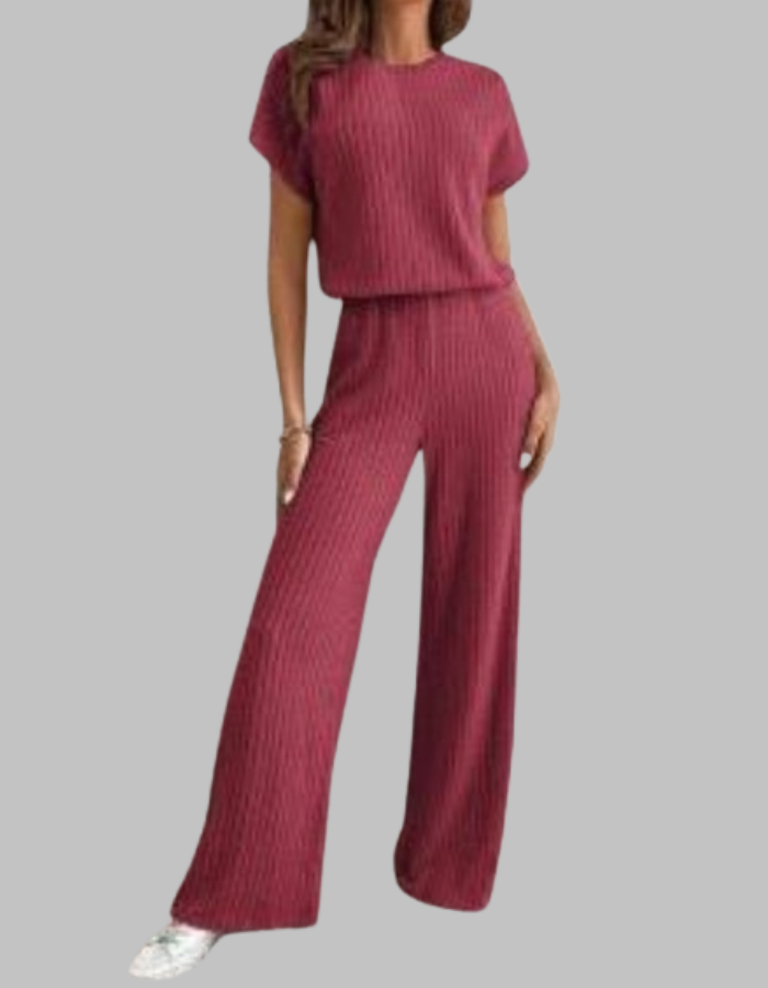 Philippa | Women's Ribbed Two Piece Set Short Sleeve Top Wide Leg Pants