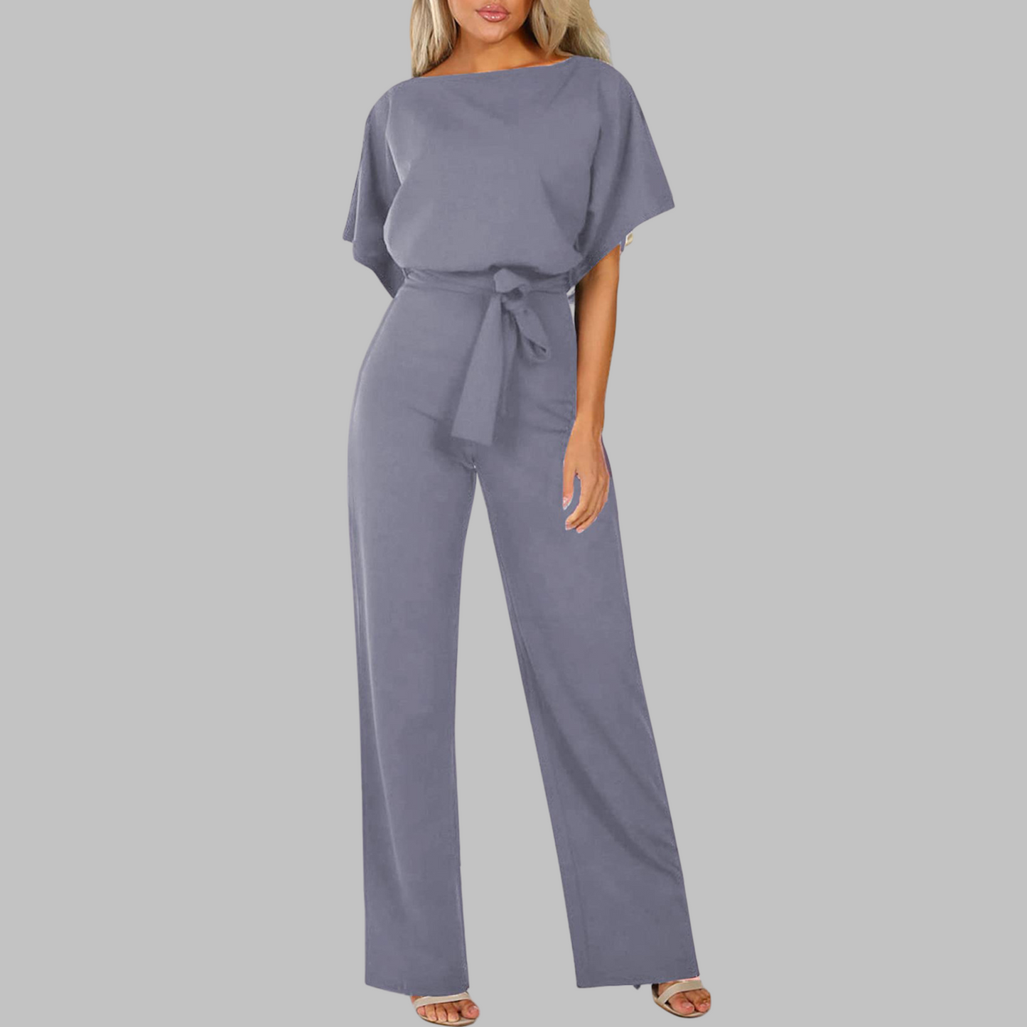 Marina | Women's Belted Wide Leg Jumpsuit Batwing Sleeve Crewneck