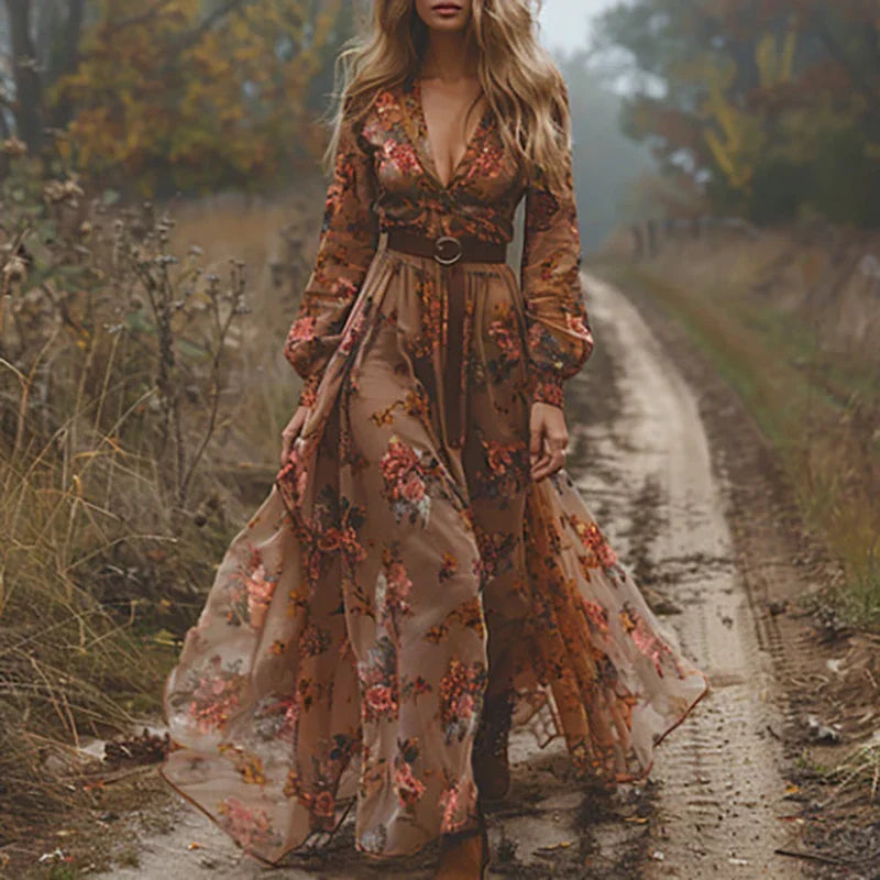 Jane | Green Brown Boho Casual Long Sleeve Maxi Dress