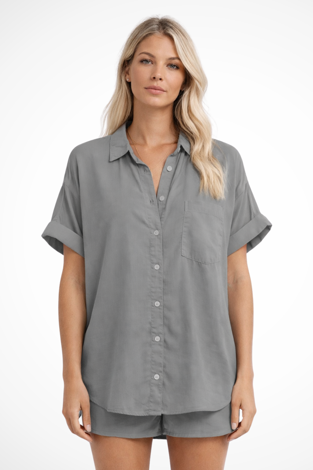 Celine | Women Short Sleeve Button Down Oversized Shirt with Chest Pocket
