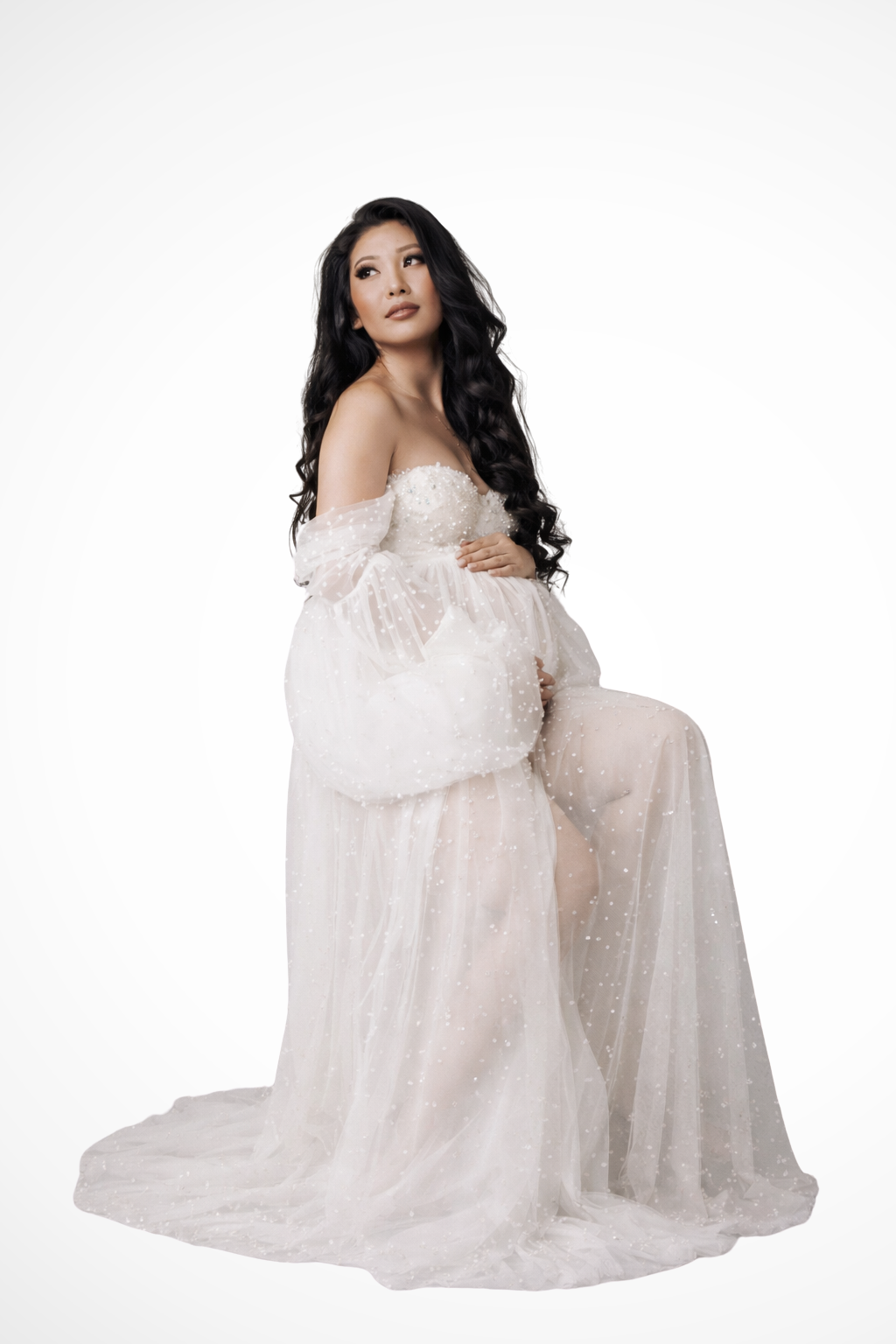 Ruby | Women Tulle Off Shoulder Maternity Maxi Dress with Pearl Detail