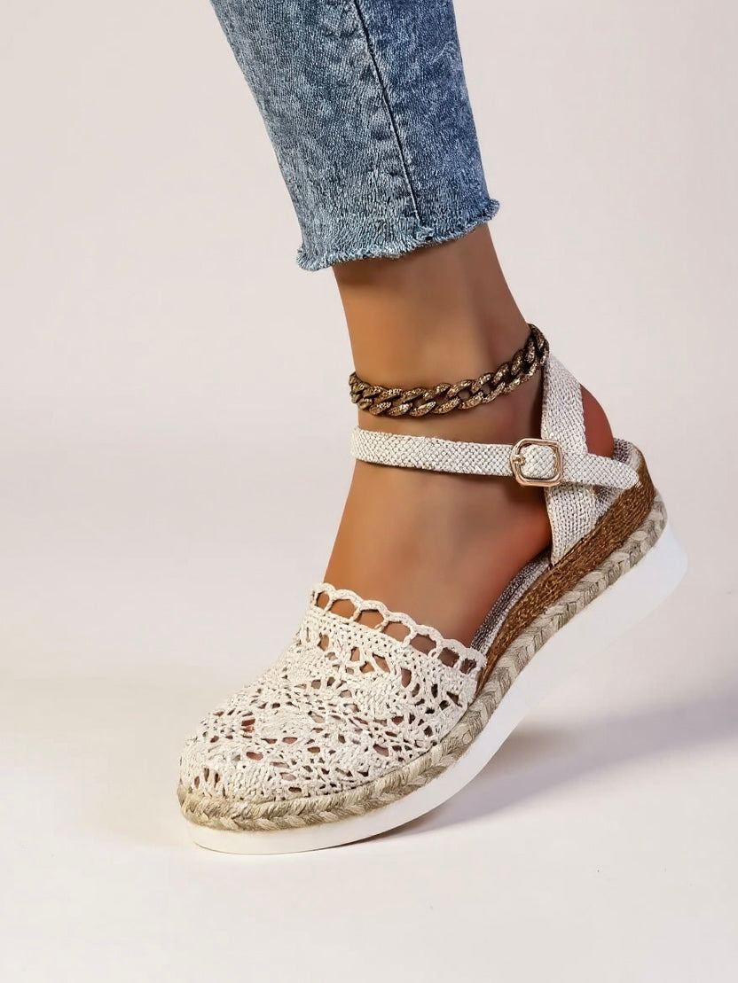 Kelly | Brown White Wedge Espadrilles Ankle Strap Shoes