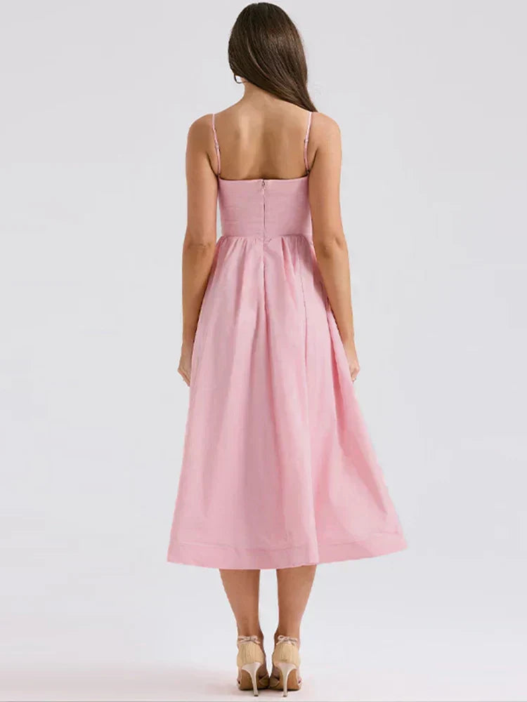 Rosalie | Pastel Pink Midi Dress with Spaghetti Straps