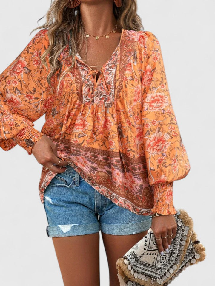 Ava | Pink Floral Long Sleeve Peasant Top Summer Blouse