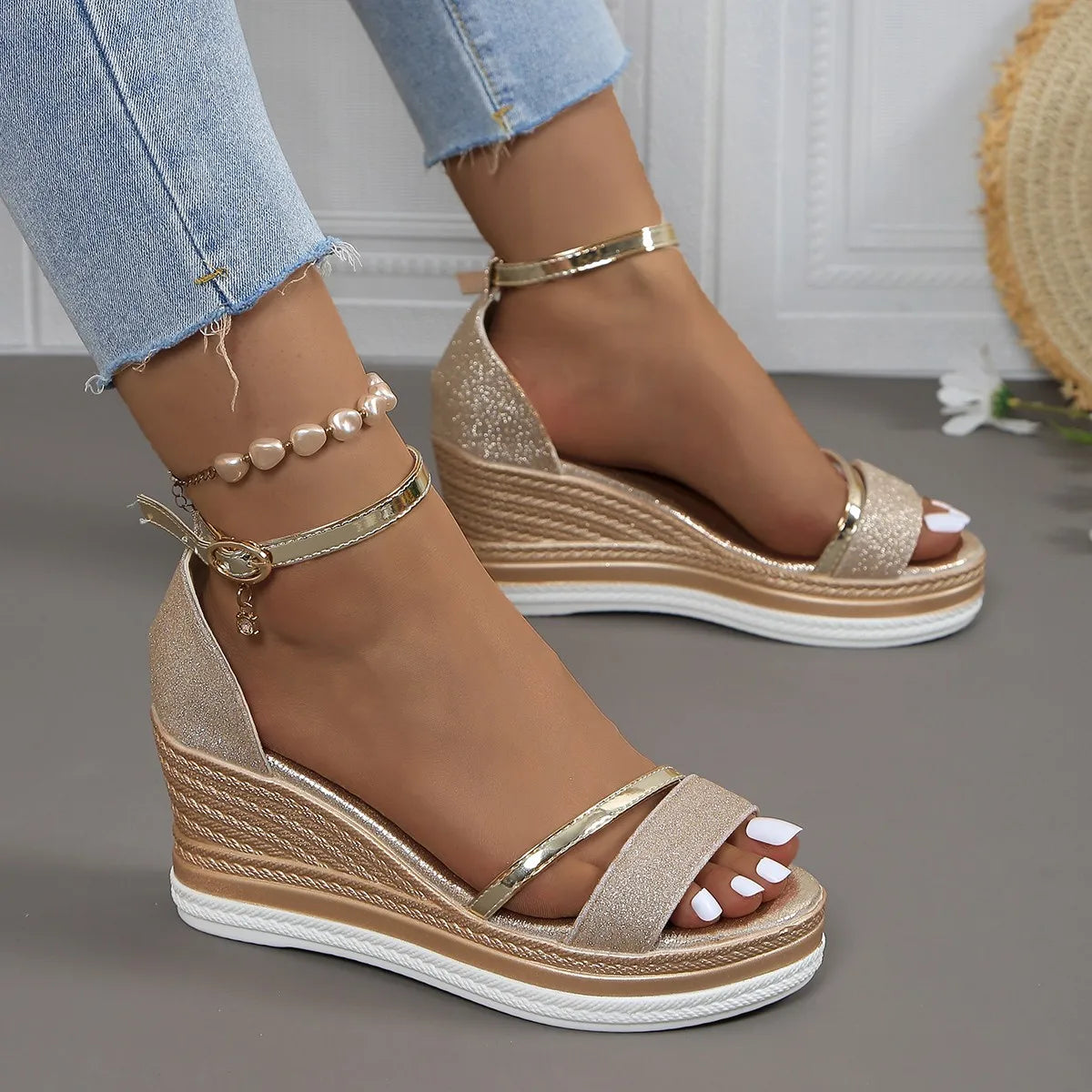 Naomi | Womens Platform Wedge Strap Sandals with Glitter