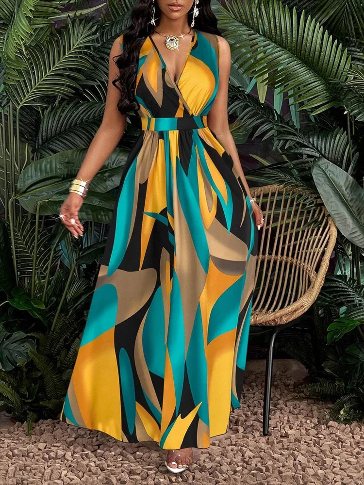 Melanie | Women's Yellow Blue V-Neck Sleeveless Abstract Print Maxi Dress