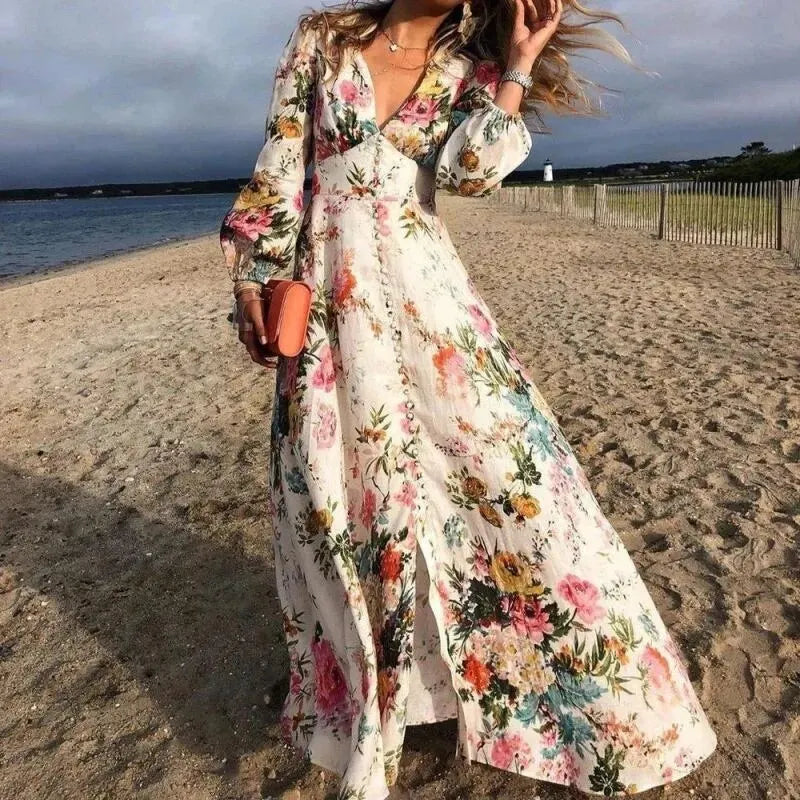 Tara | Women’s Boho Multi Coloured Floral Long Sleeve Beach Maxi Dress