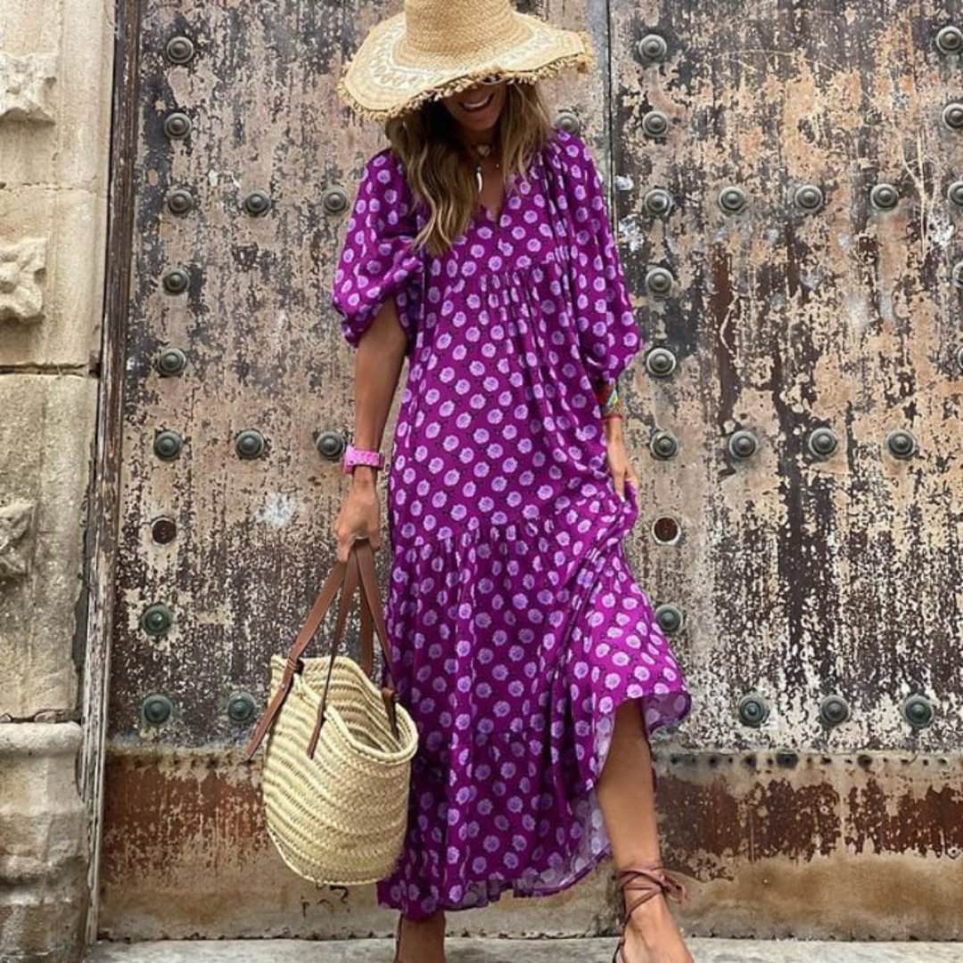 Lynne | Women's Puff Sleeve V-Neck Boho Printed Maxi Dress