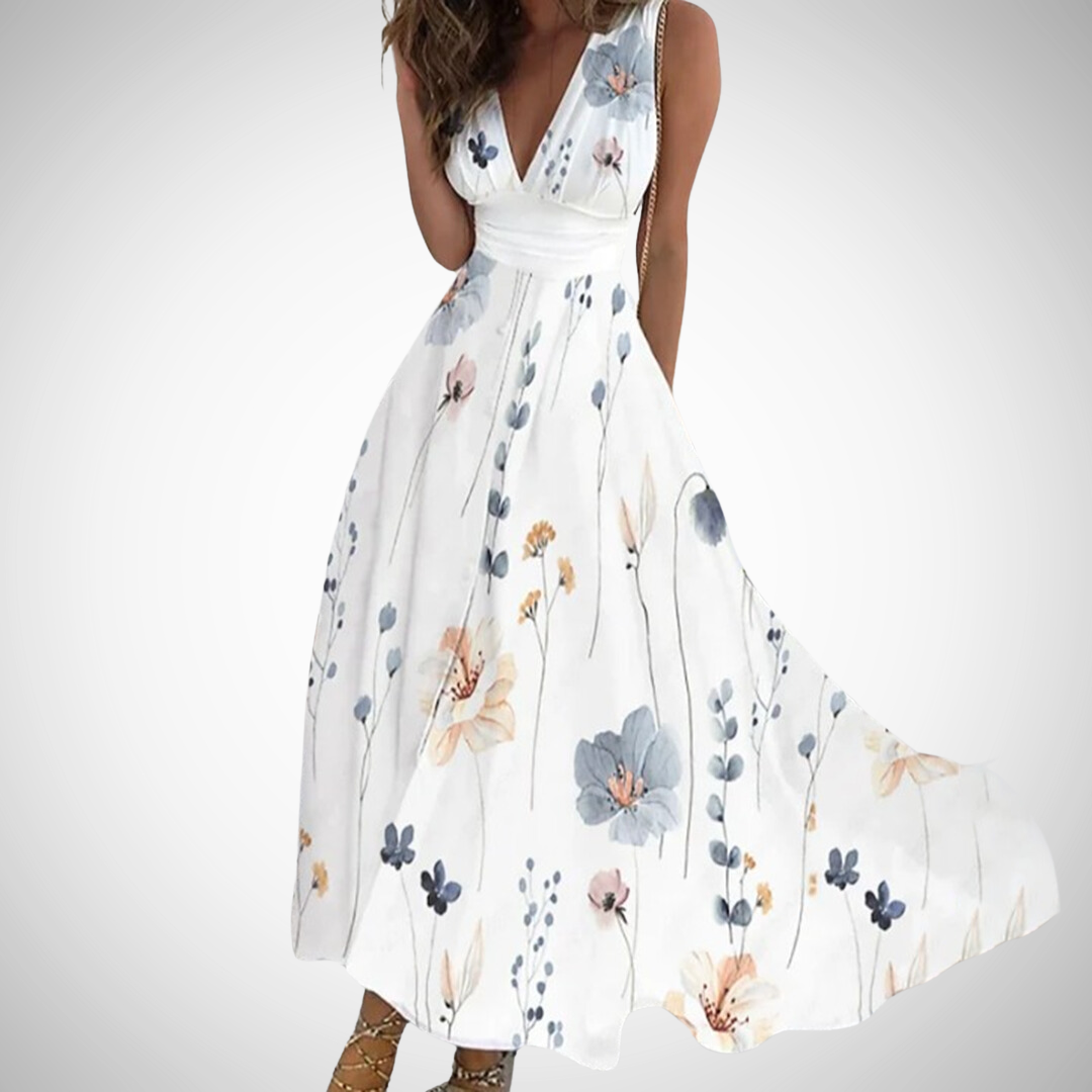 Lauren | Women's Floral Maxi Dress Sleeveless V-Neck Wrap Waist