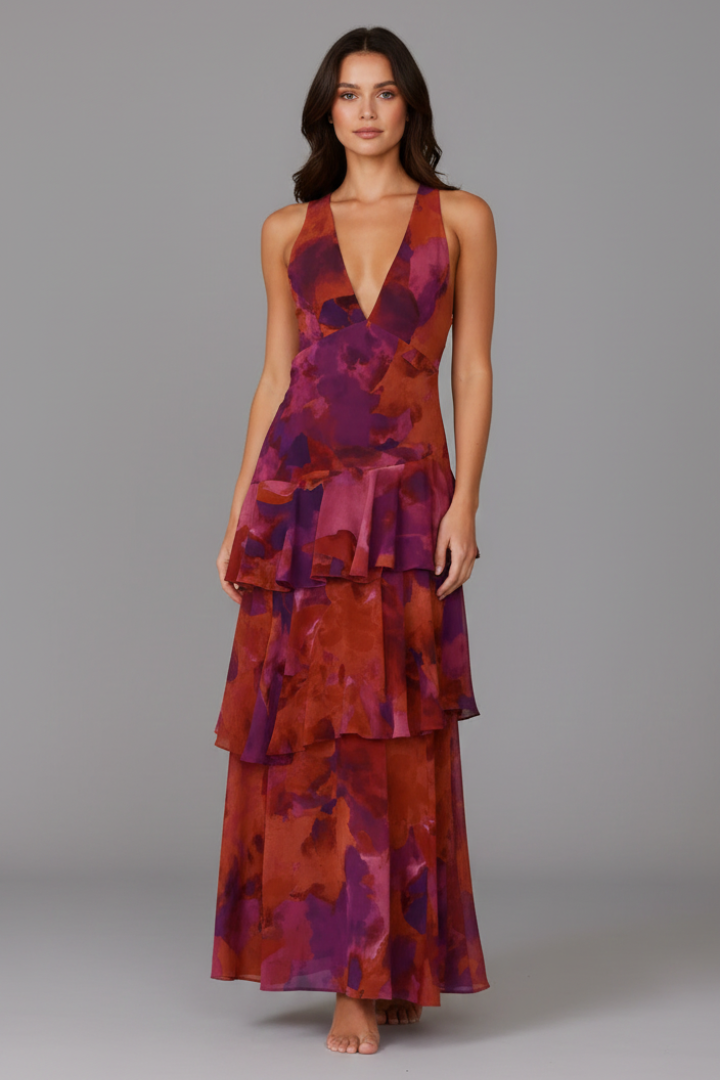 Yasmin | Women’s V-Neck Tiered Artistic Skirt Maxi Dress