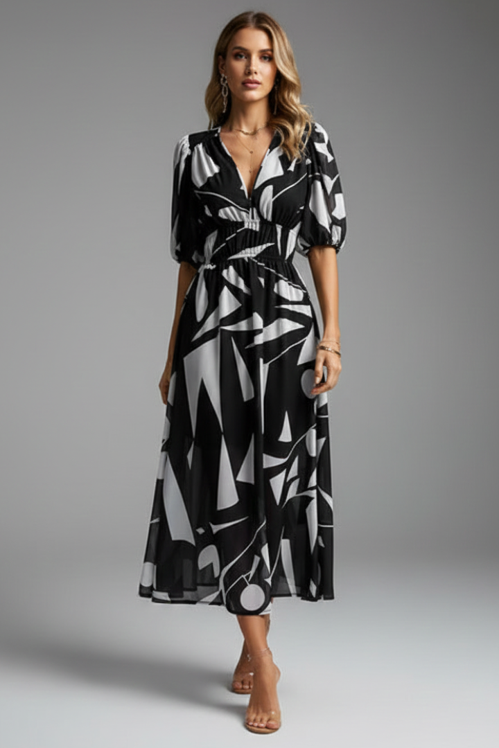 Starla | Loose Floral Puff Sleeve V-Neck Midi Dress