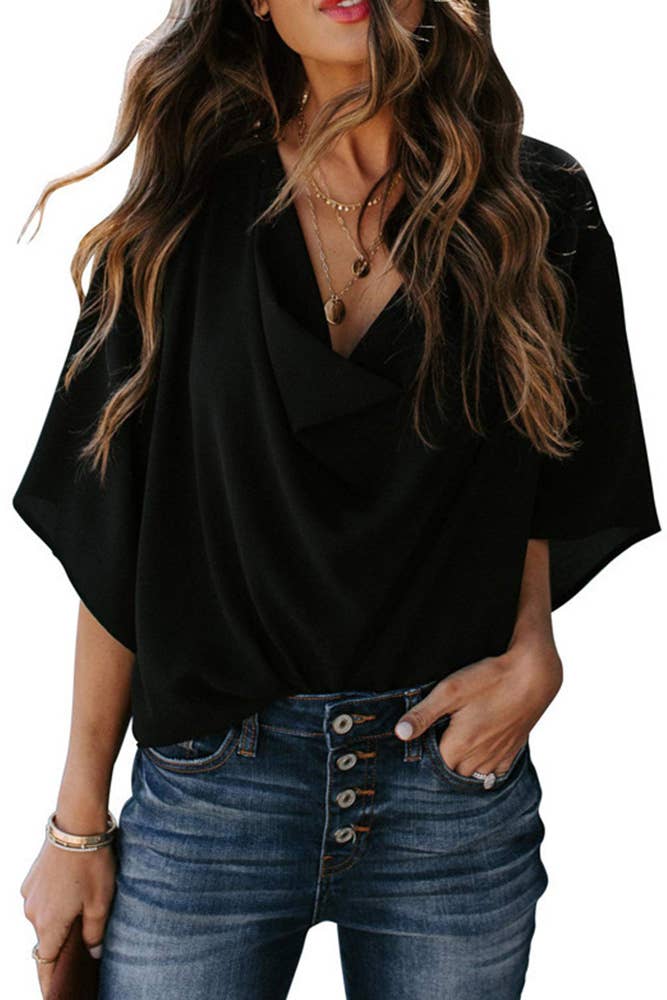 Nicola | Women's Black Draped Cowl Neck Batwing Sleeve Blouse