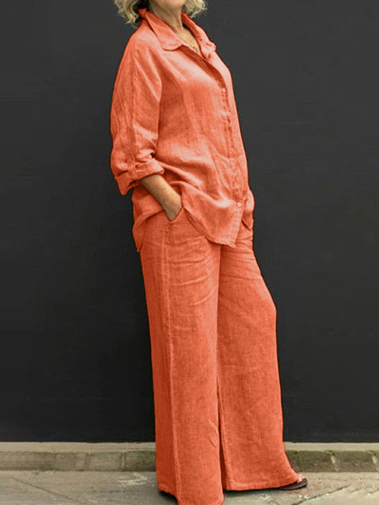 Alison | Women's 2 Piece Set Long Sleeve Shirt Wide Leg Pants
