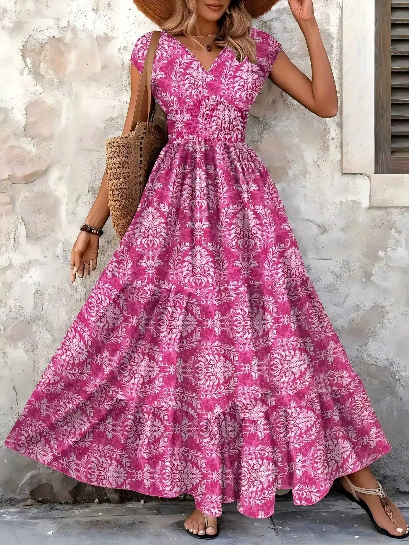 Flora | Boho Patterned Sleeveless Sun Beach V Neck Maxi Dress