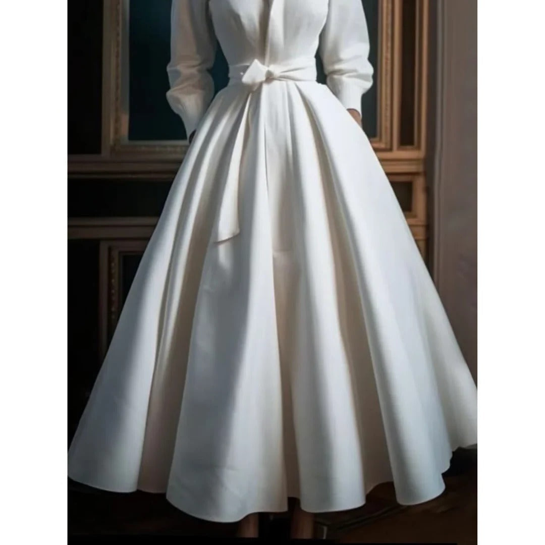 Freya | White Long Sleeve V Wedding Guest Neck A Line Midi Dress