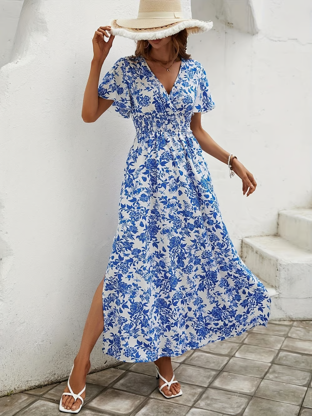 Naomi | Blue Boho Printed V Neck Short Sleeve Maxi Sun Dress