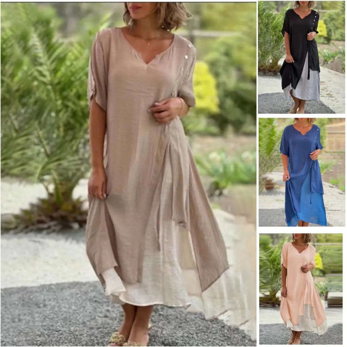 Lindsay | Women's Layered Midi Dress Short Sleeve V-Neck