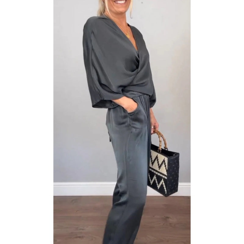 Zelda | 2 Piece Set V-Neck Wrap Top Wide Leg Pants