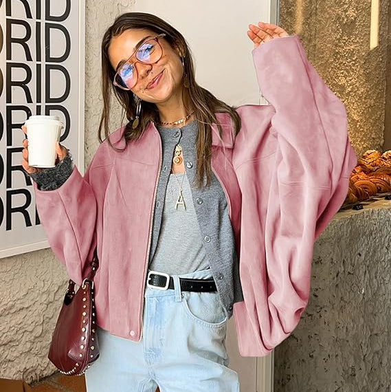 Karina | Women's Oversized Green Pink Cropped Bomber Jacket