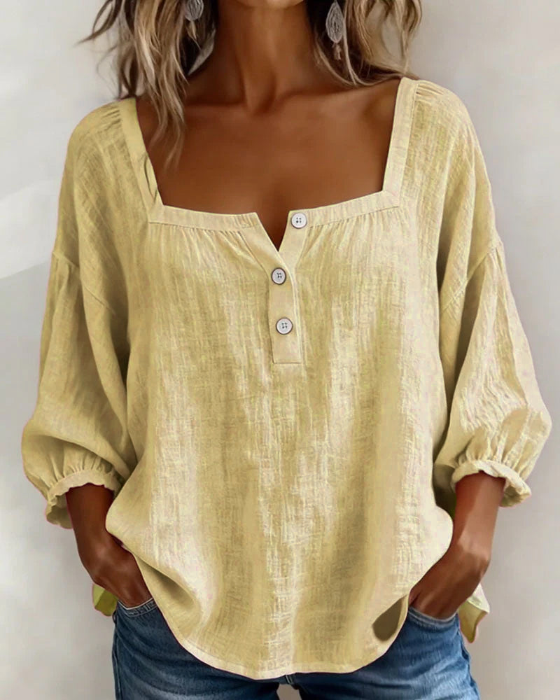 Nadine | Women's Square Neck Blouse 3/4 Puff Sleeve Button Top