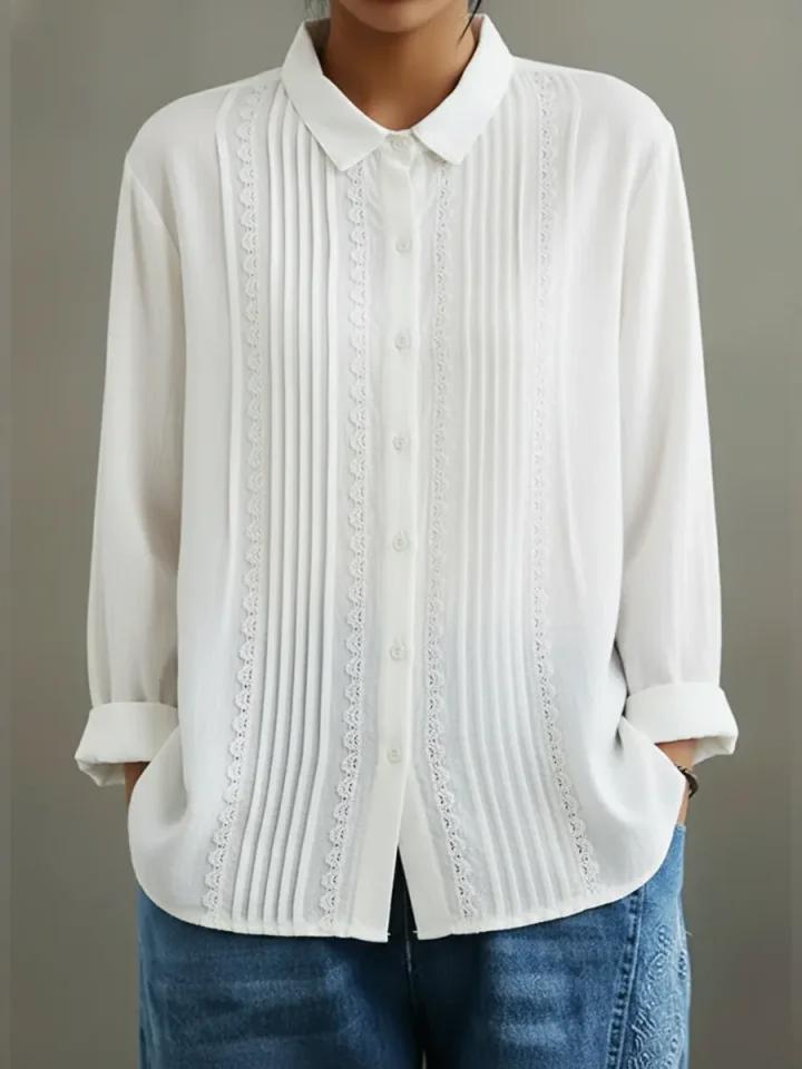 Tamsin | Women's Lace Trim Button-Up Long Sleeve Blouse
