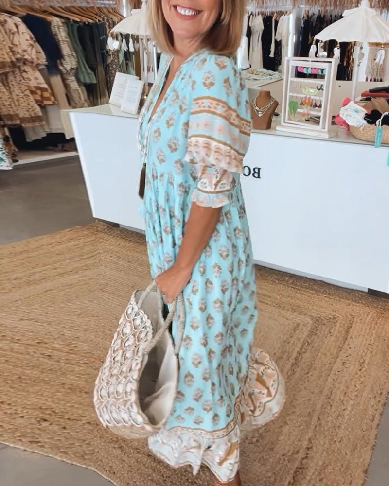 Yasmin | Printed Beach Tassel Tie Midi Dress