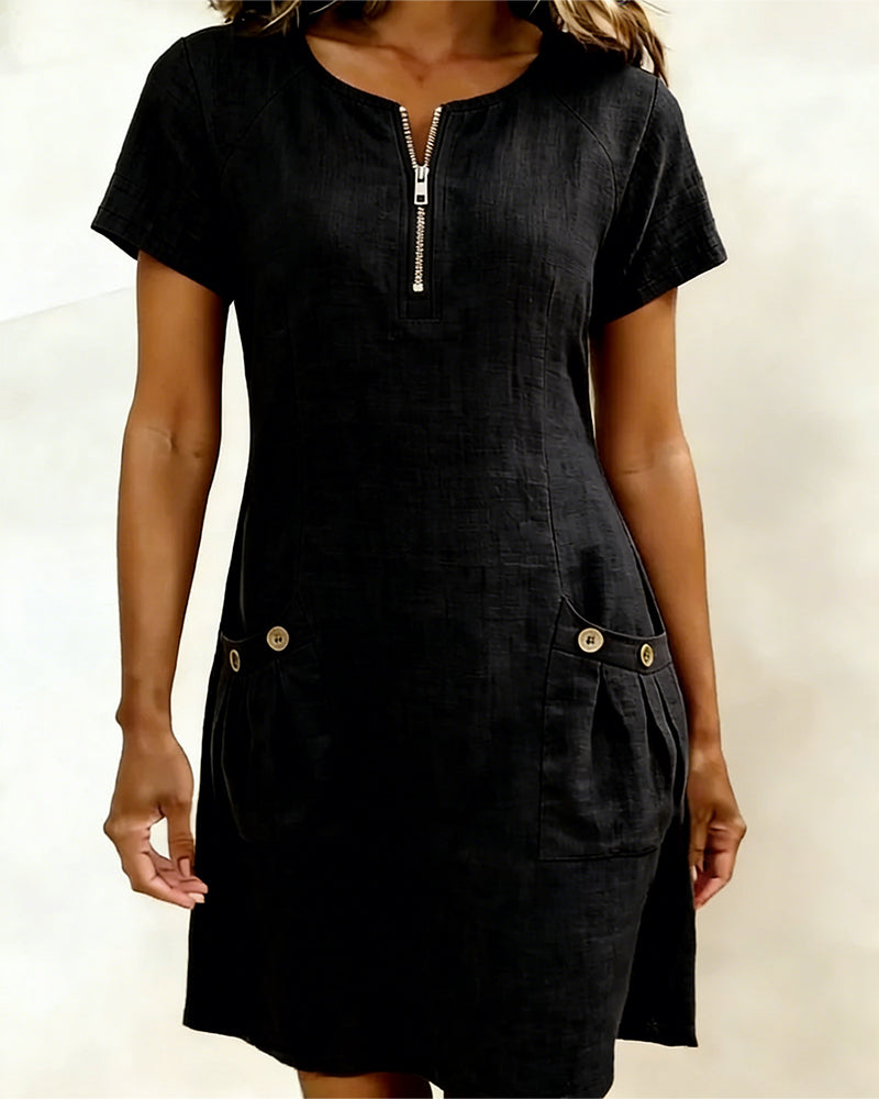 Ivy | Women's Shift Dress Short Sleeve Zip Neck with Pockets