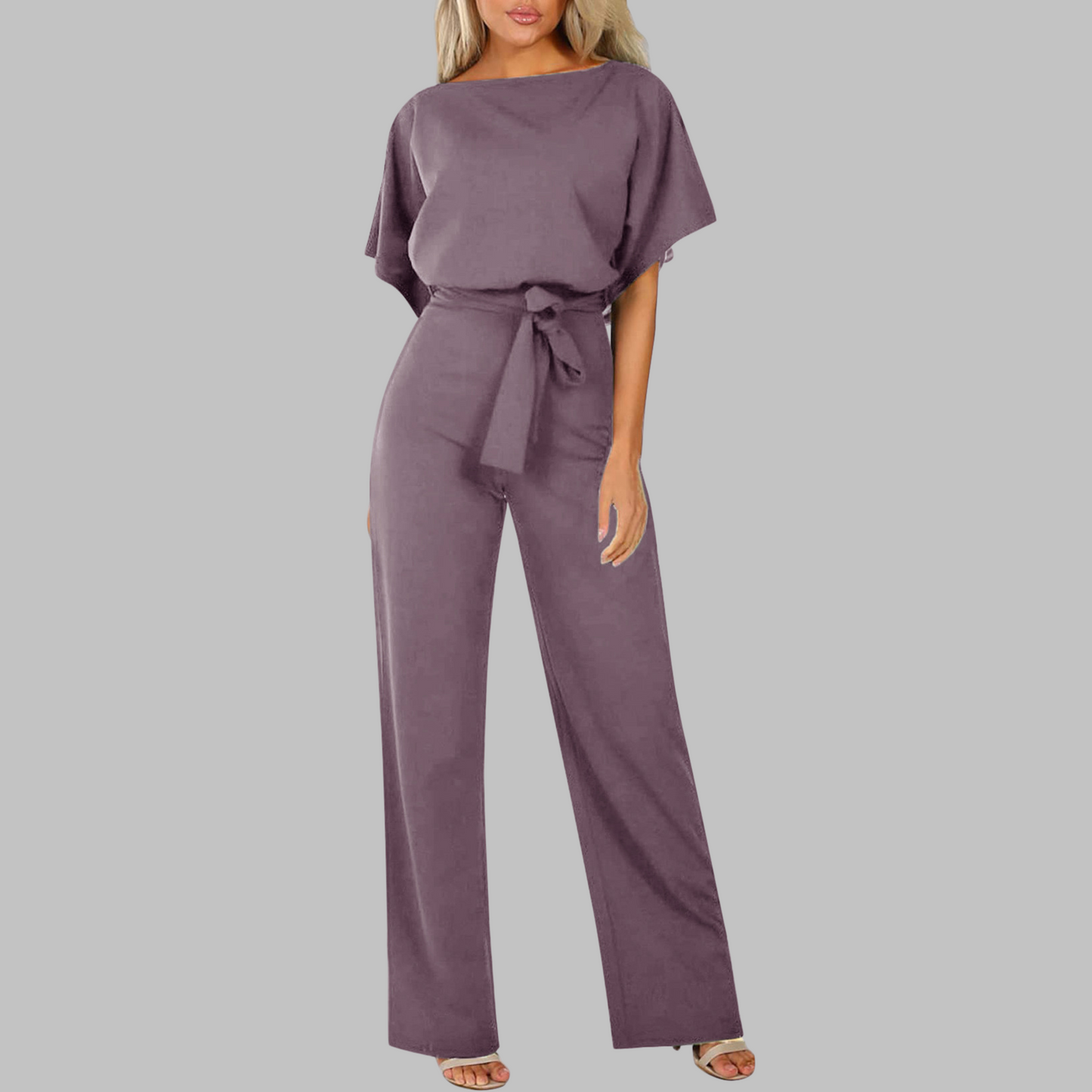 Marina | Women's Belted Wide Leg Jumpsuit Batwing Sleeve Crewneck