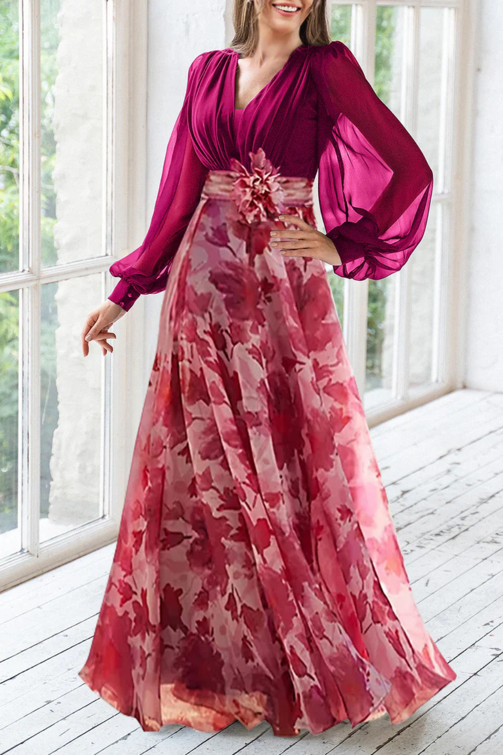 Charlotte | Women V Neck Balloon Sleeve Floral Print Maxi Wedding Guest Dress