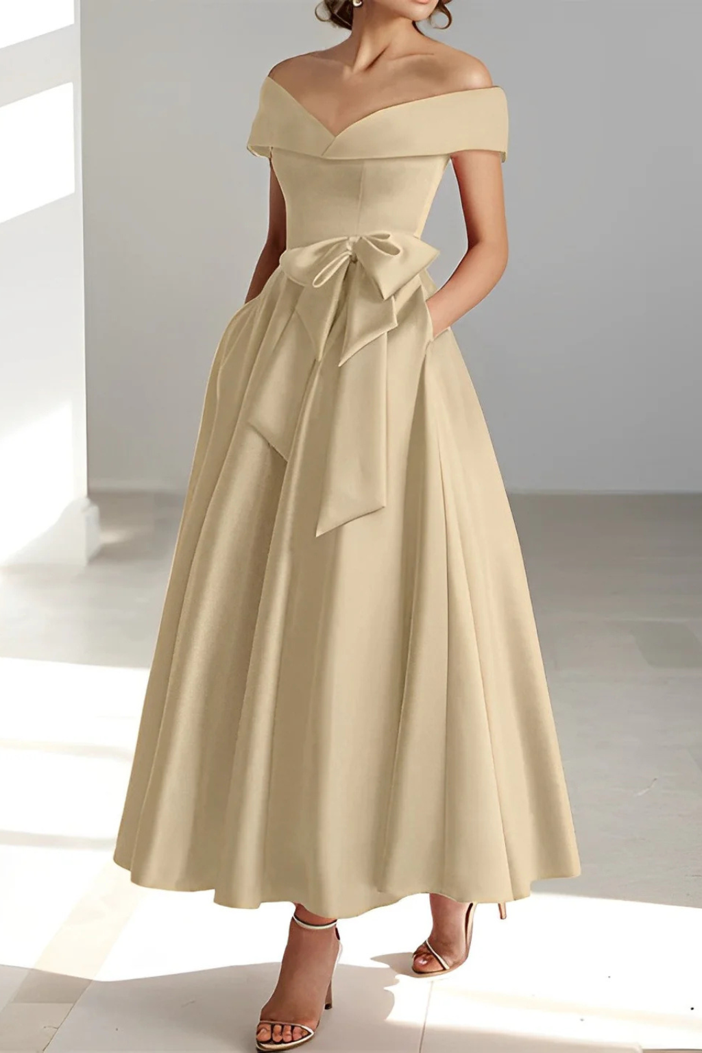 Arabella | Women Off Shoulder Bow Waist A Line Midi Wedding Guest Dress