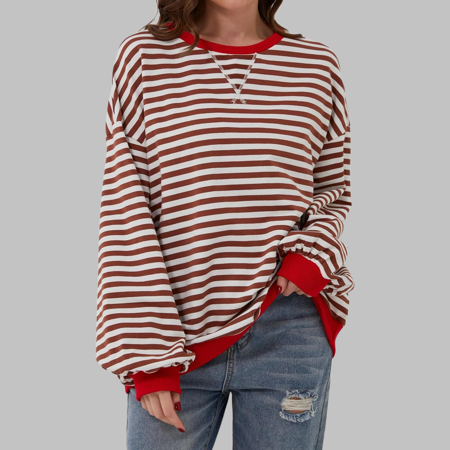 Olive | Women's Striped Crewneck Long Sleeve Oversized Sweatshirt
