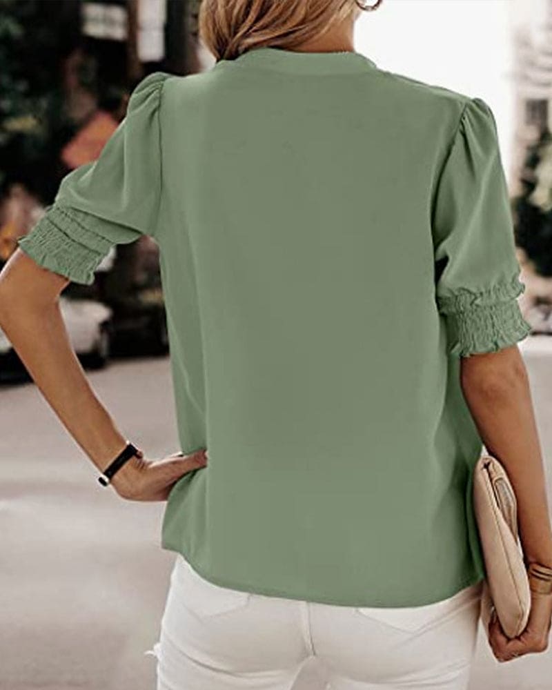 Natasha | Women's V-Neck Puff Sleeve Blouse Short Sleeve Top