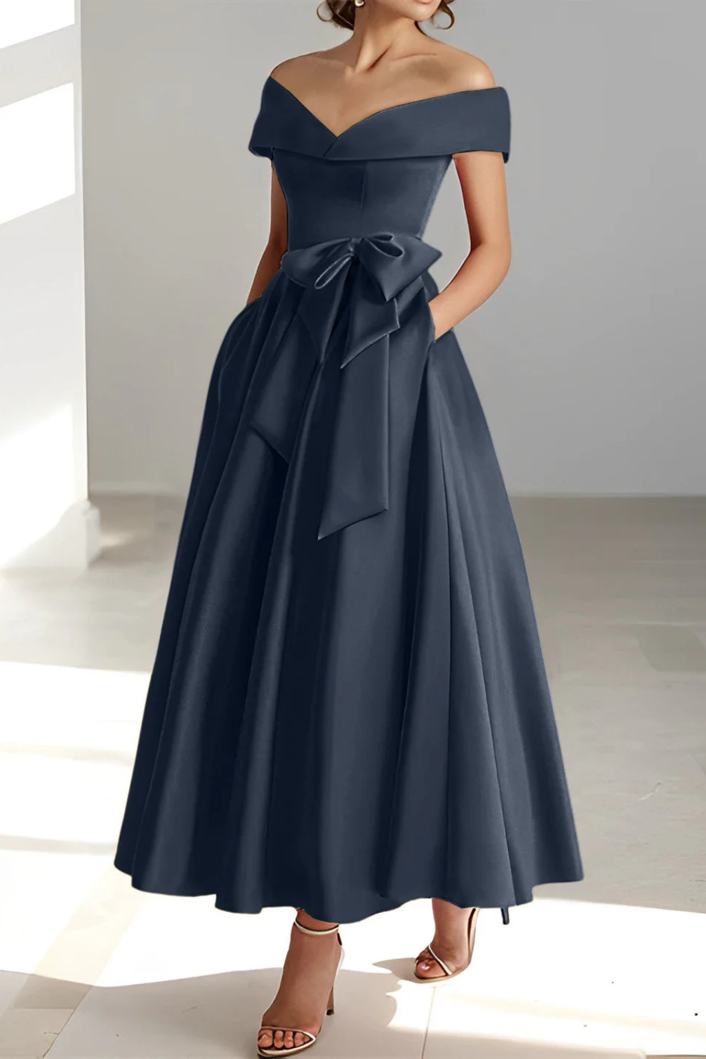 Arabella | Women Off Shoulder Bow Waist A Line Midi Wedding Guest Dress