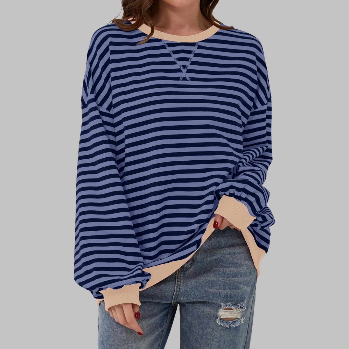 Olive | Women's Striped Crewneck Long Sleeve Oversized Sweatshirt