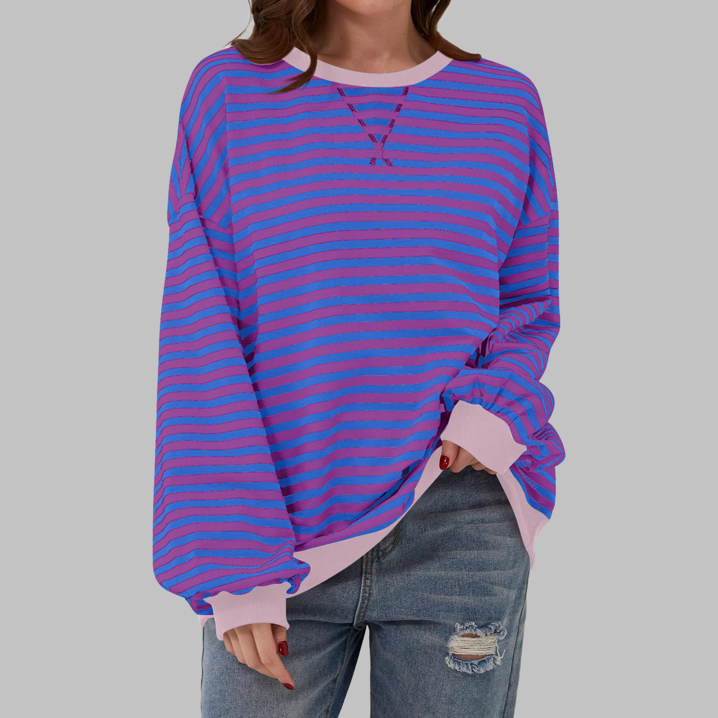 Olive | Women's Striped Crewneck Long Sleeve Oversized Sweatshirt