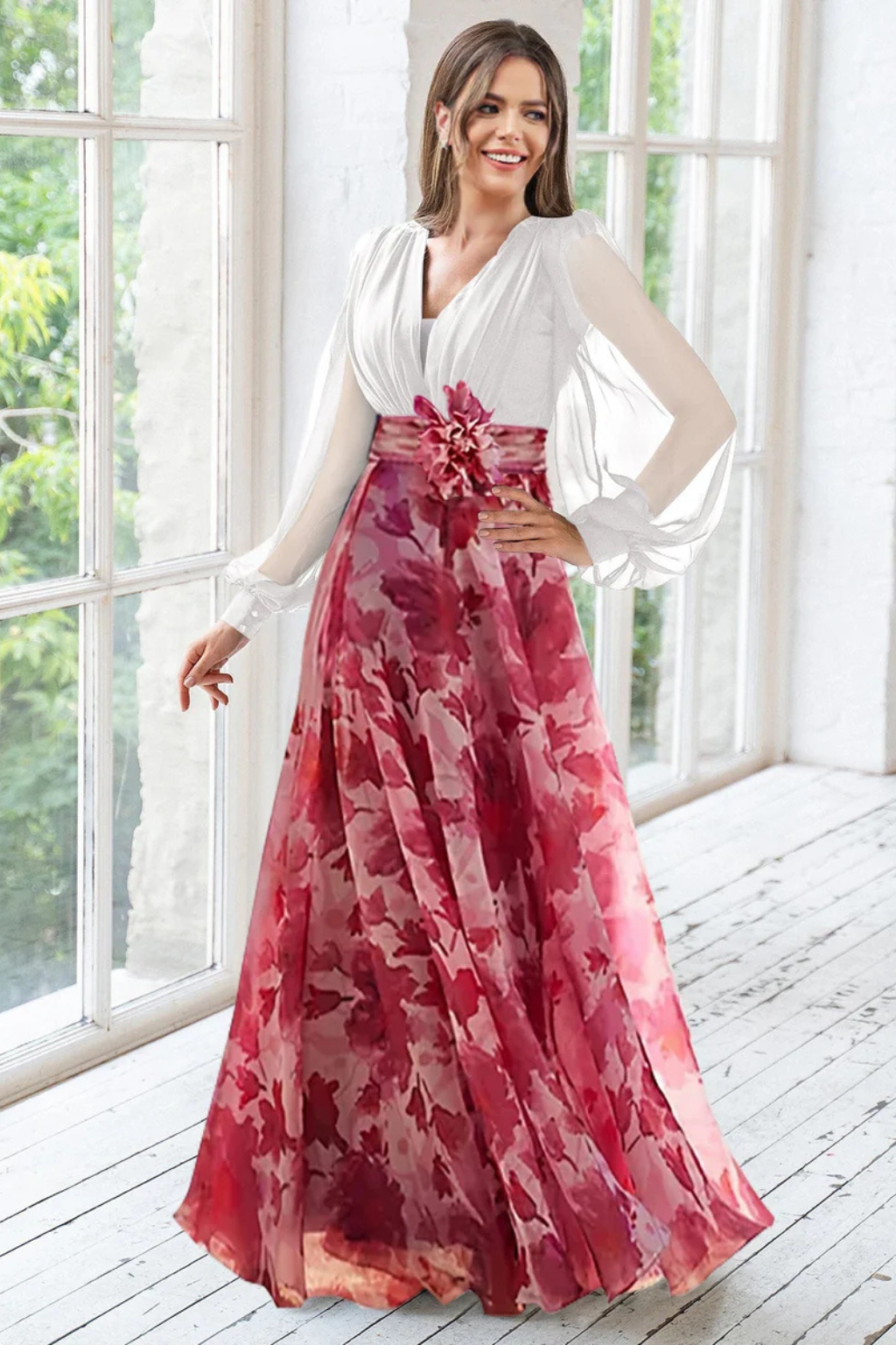 Charlotte | Women V Neck Balloon Sleeve Floral Print Maxi Wedding Guest Dress