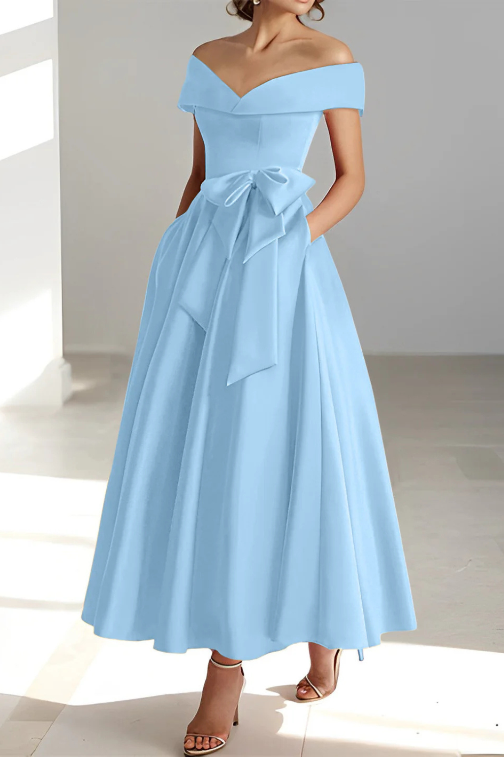 Arabella | Women Off Shoulder Bow Waist A Line Midi Wedding Guest Dress