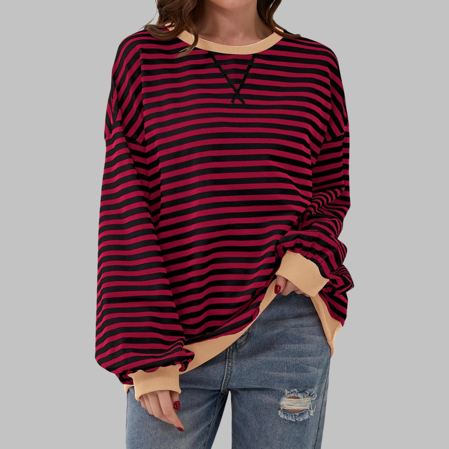 Olive | Women's Striped Crewneck Long Sleeve Oversized Sweatshirt
