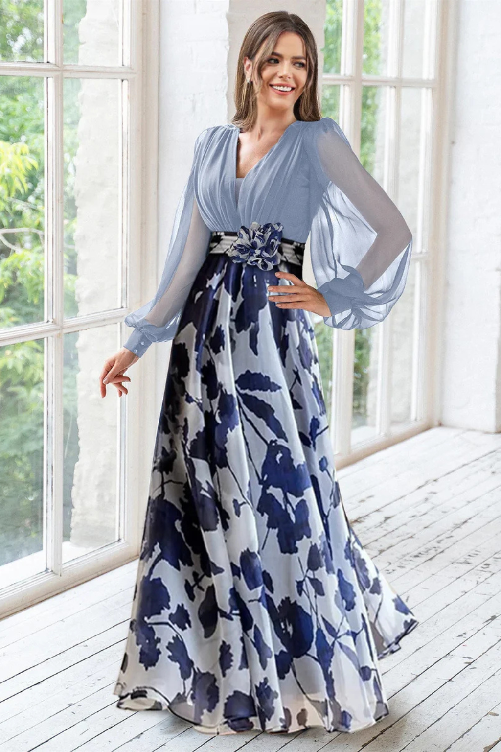 Charlotte | Women V Neck Balloon Sleeve Floral Print Maxi Wedding Guest Dress
