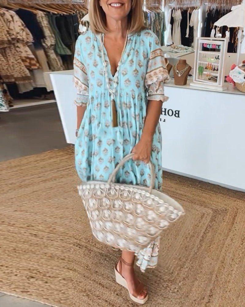 Yasmin | Printed Beach Tassel Tie Midi Dress