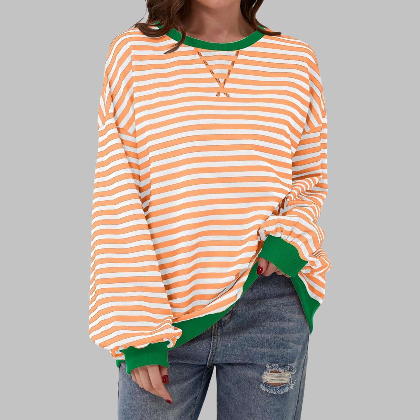 Olive | Women's Striped Crewneck Long Sleeve Oversized Sweatshirt