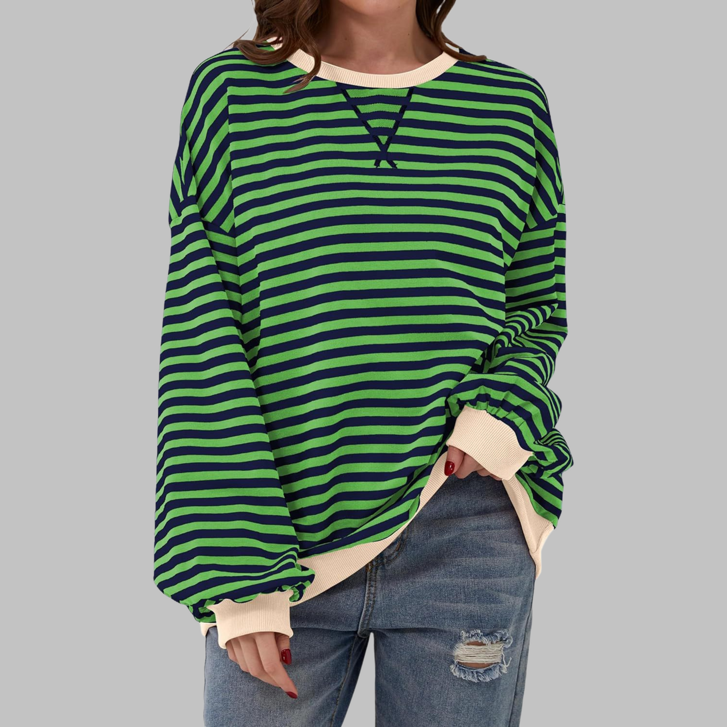 Olive | Women's Striped Crewneck Long Sleeve Oversized Sweatshirt