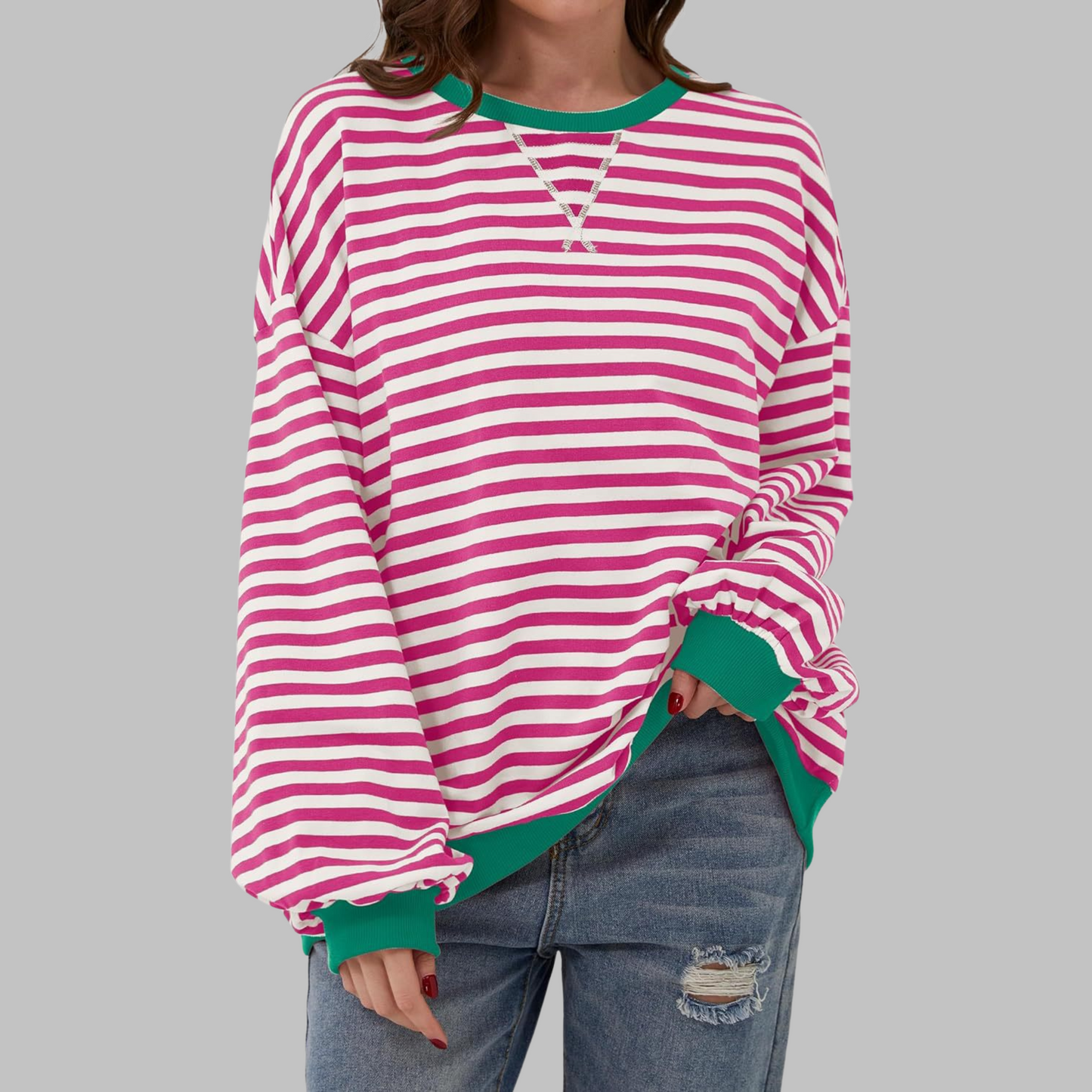 Olive | Women's Striped Crewneck Long Sleeve Oversized Sweatshirt