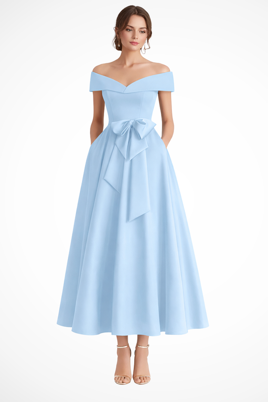 Arabella | Women Off Shoulder Bow Waist A Line Midi Wedding Guest Dress