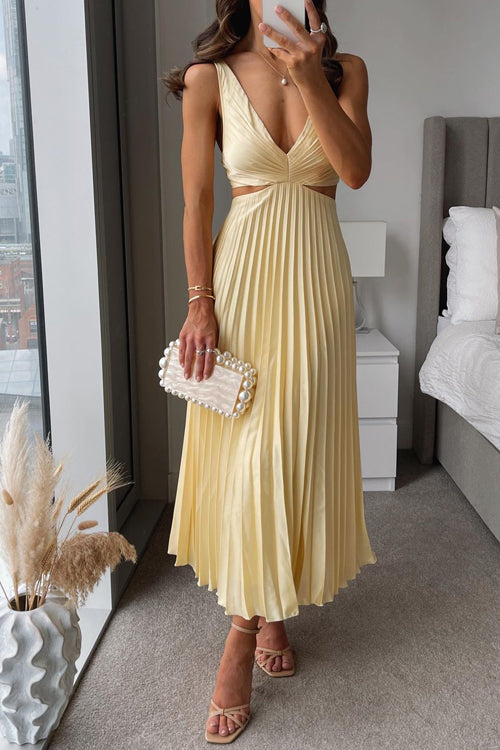 Valen | Women’s Elegant V-Neck Pleated Skirt Dress